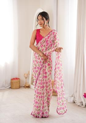 White Printed Georgette Saree Set