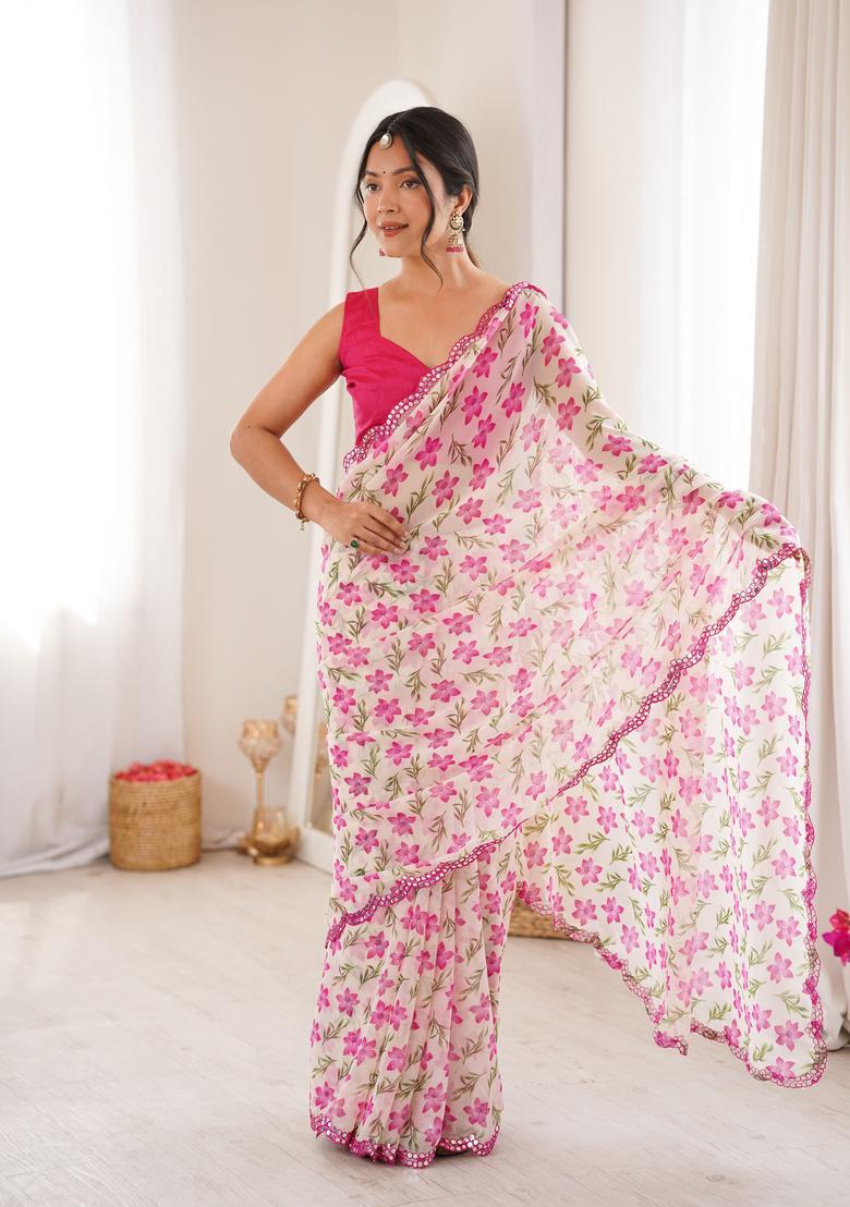 White Printed Georgette Saree Set - Indya
