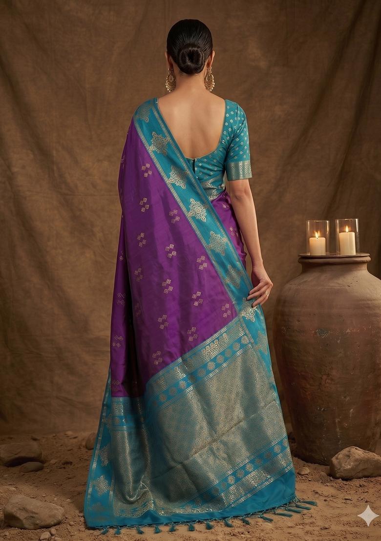 Violet Zari Work Silk Saree Set - Indya