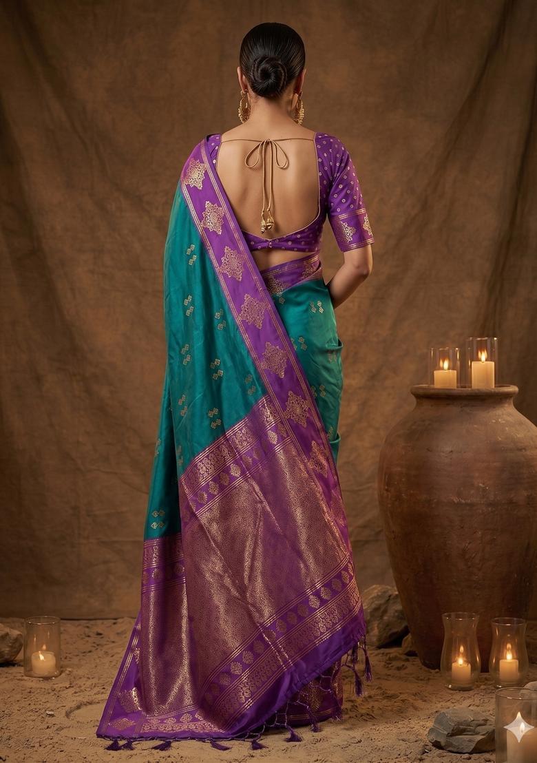 Green Zari Work Silk Saree Set - Indya
