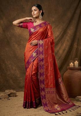 Orange Zari Work Silk Saree Set