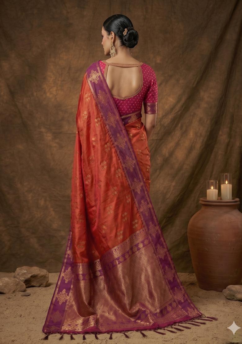 Orange Zari Work Silk Saree Set - Indya