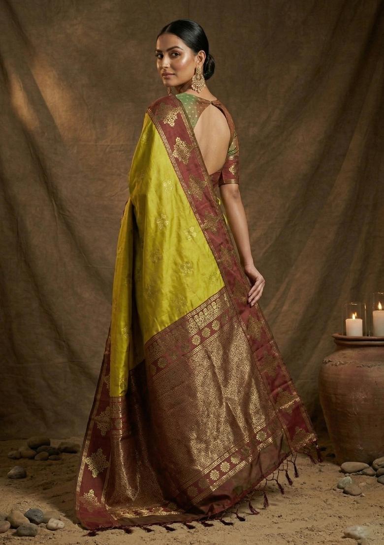 Mustard Zari Work Silk Saree Set - Indya