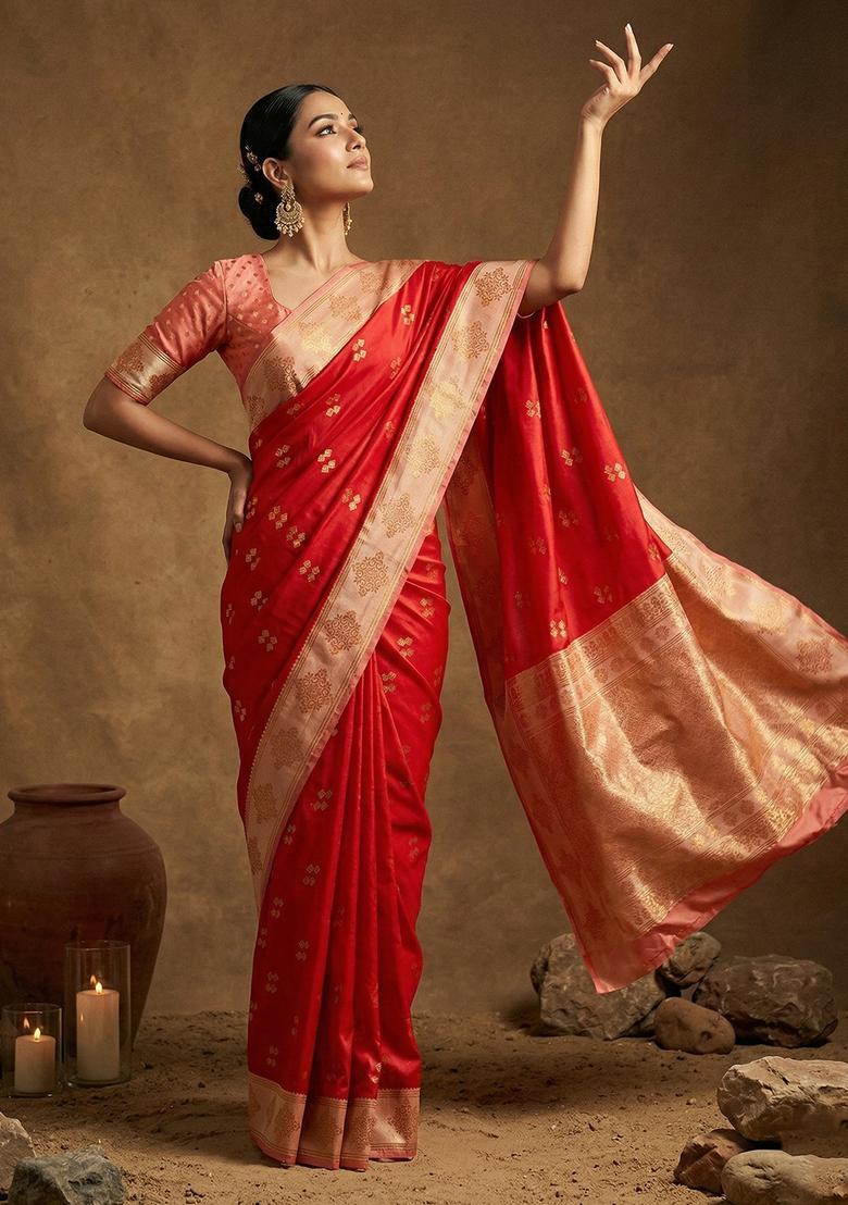 Red Zari Work Silk Saree Set - Indya