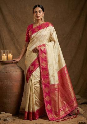 Cream Zari Work Silk Saree Set
