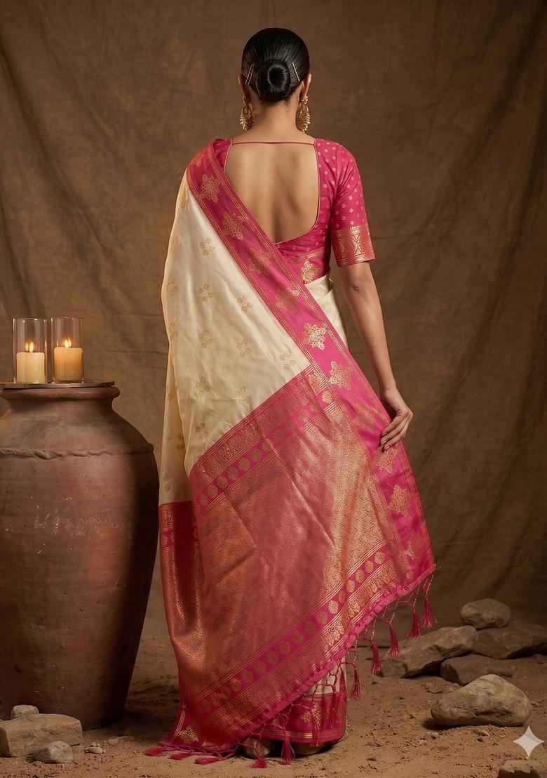 Cream Zari Work Silk Saree Set - Indya