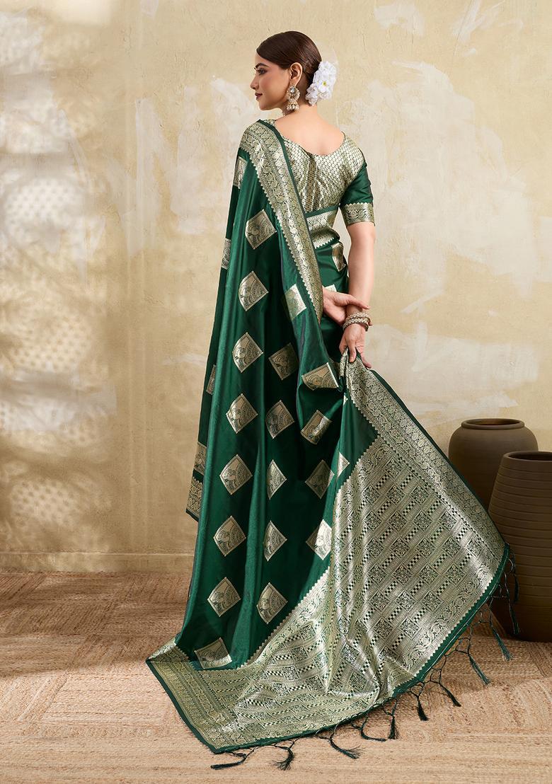 Green Zari Work Silk Saree Set - Indya