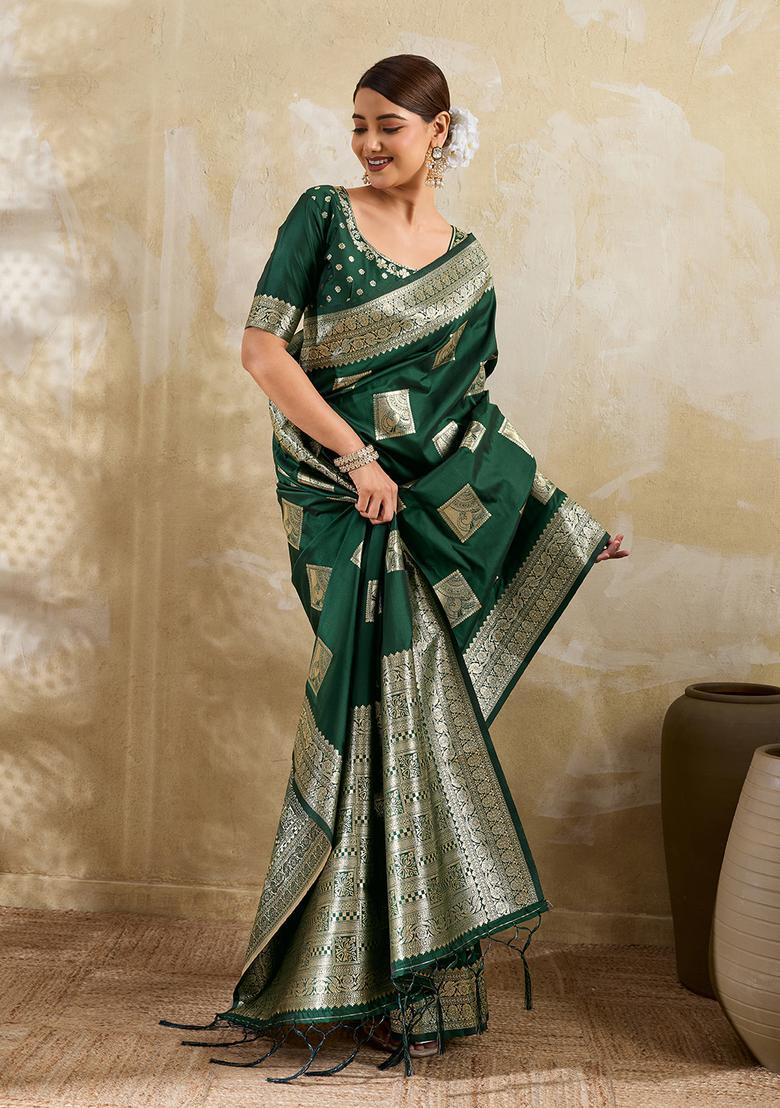 Green Zari Work Silk Saree Set - Indya