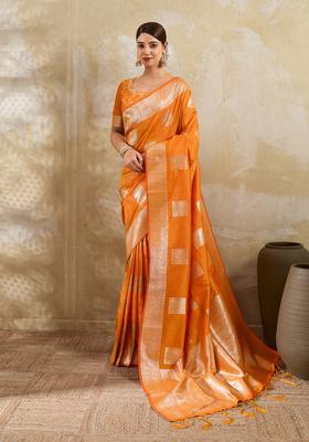 Orange Zari Work Silk Saree Set
