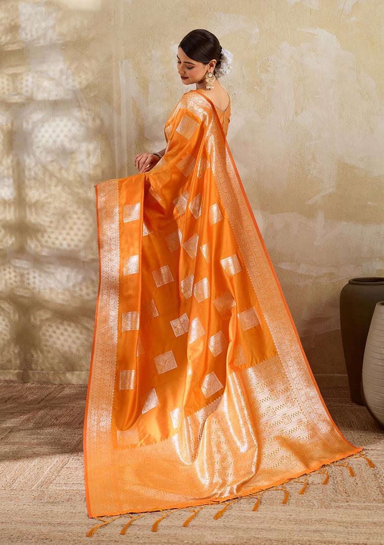 Orange Zari Work Silk Saree Set - Indya