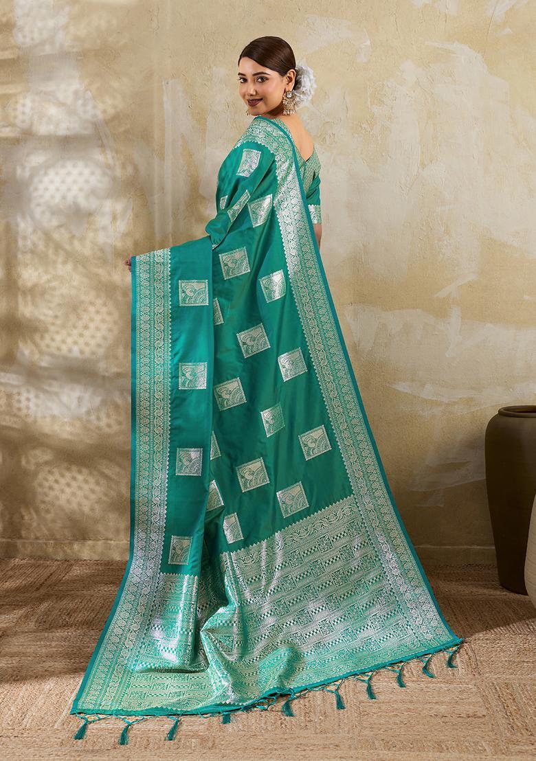 Sea Green Zari Work Silk Saree Set - Indya