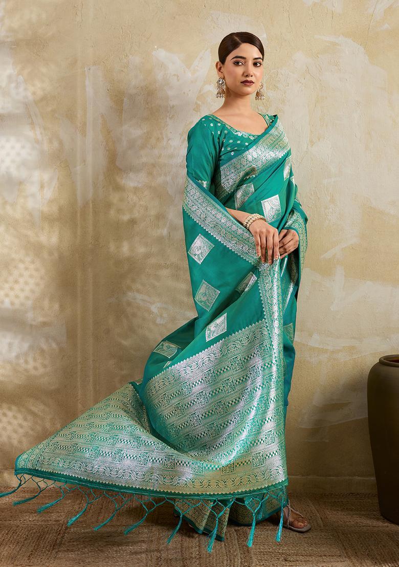 Sea Green Zari Work Silk Saree Set - Indya