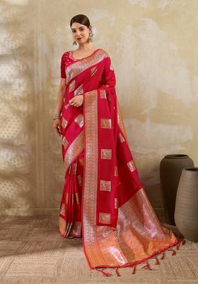 Red Zari Work Silk Saree Set