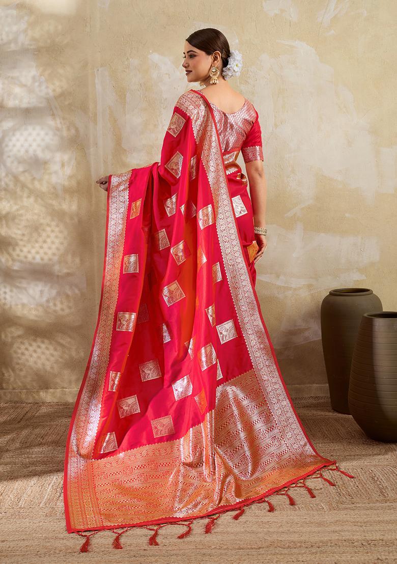 Red Zari Work Silk Saree Set - Indya
