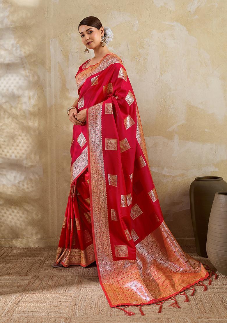Red Zari Work Silk Saree Set - Indya