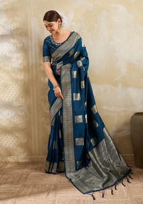 Teal Blue Zari Work Silk Saree Set