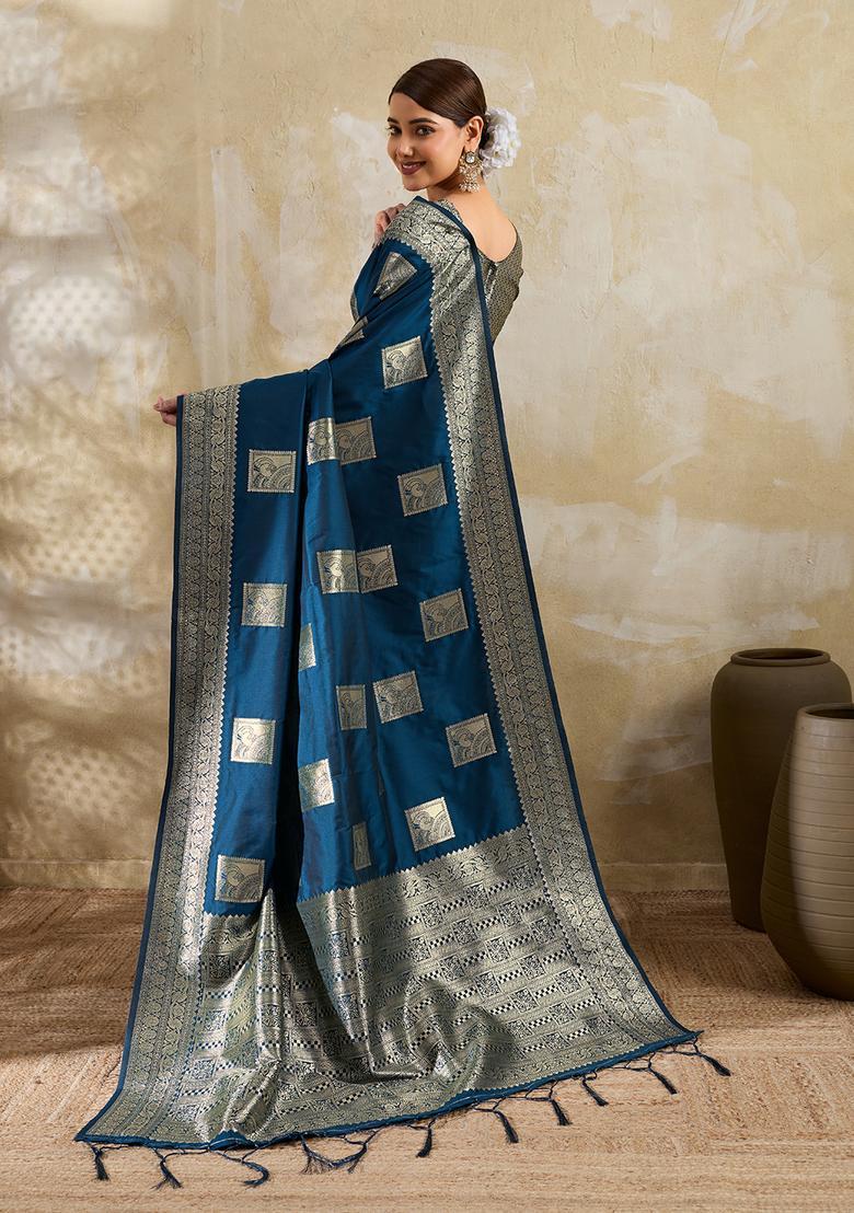 Teal Blue Zari Work Silk Saree Set - Indya