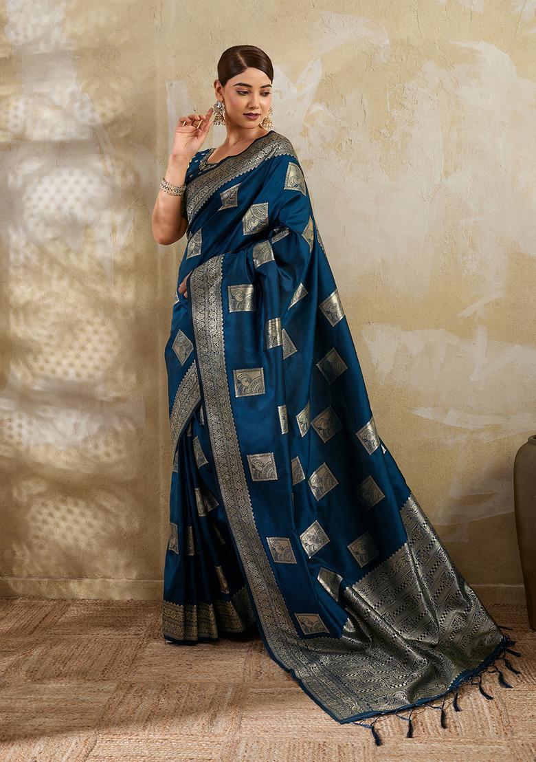 Teal Blue Zari Work Silk Saree Set - Indya