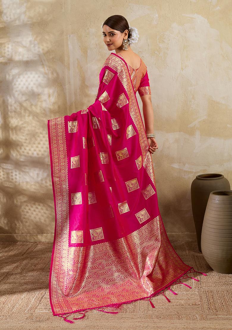 Magenta Zari Work Silk Saree Set - Indya