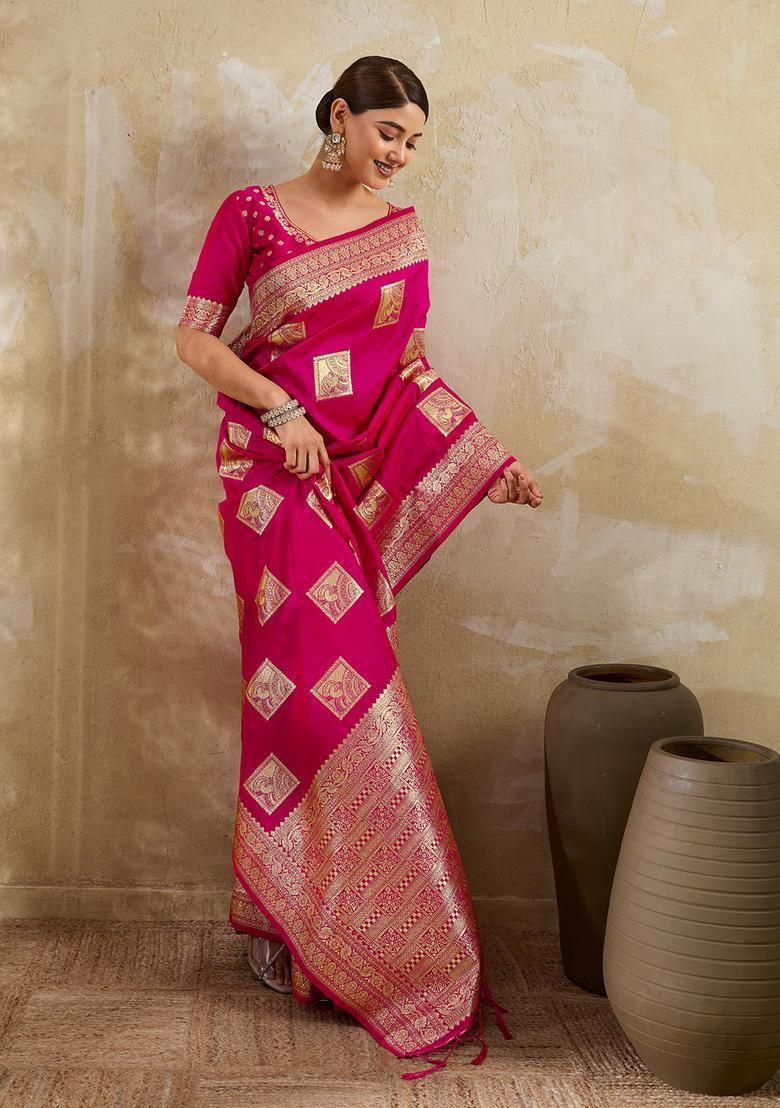Magenta Zari Work Silk Saree Set - Indya