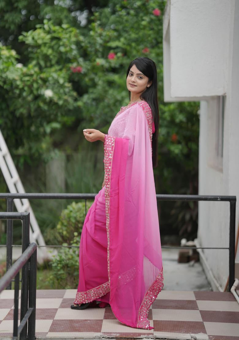 Pink Printed Georgette Saree Set - Indya