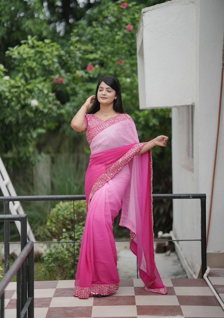 Pink Printed Georgette Saree Set - Indya