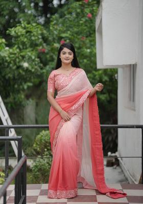 Peach Printed Georgette Saree Set