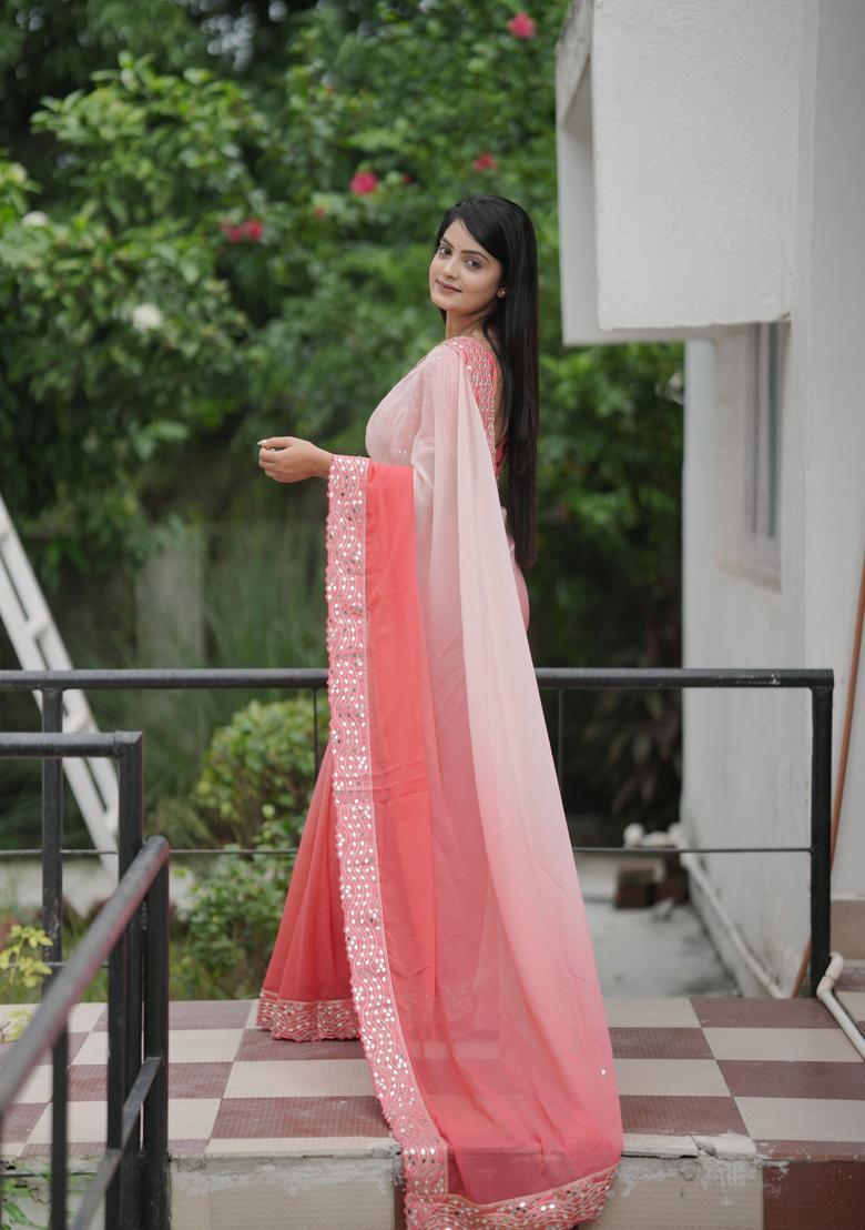 Peach Printed Georgette Saree Set - Indya