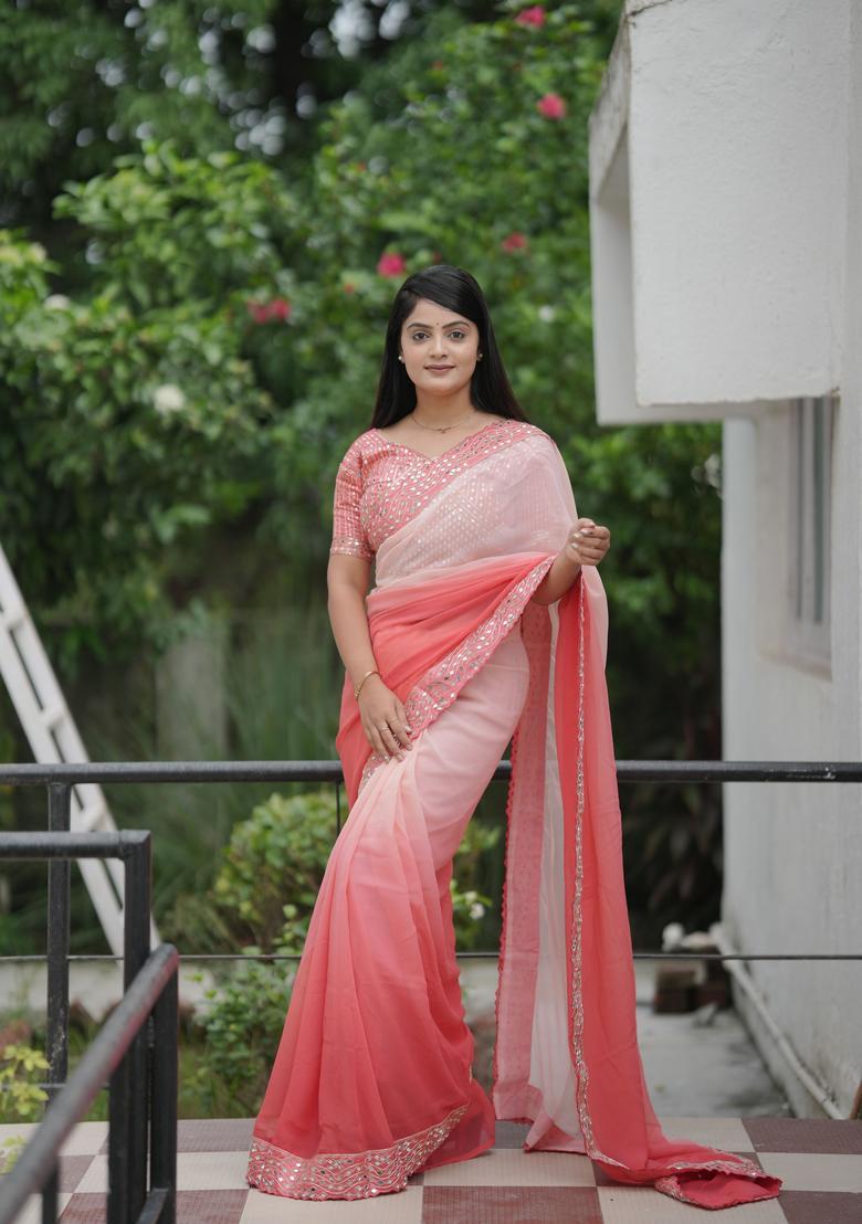 Peach Printed Georgette Saree Set - Indya
