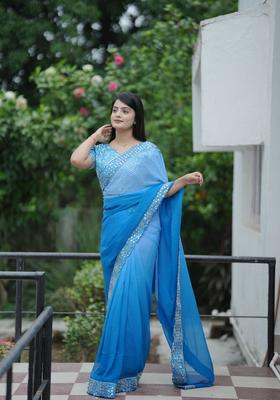 Blue Printed Georgette Saree Set