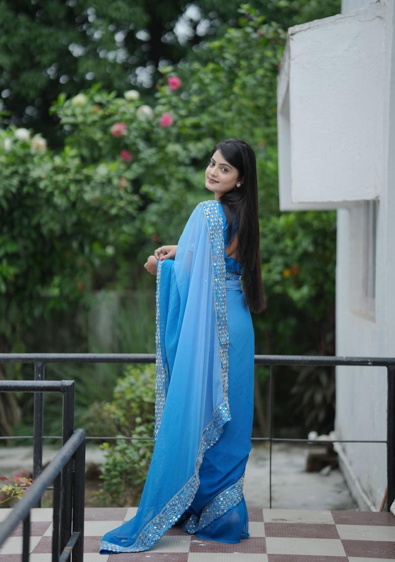 Blue Printed Georgette Saree Set - Indya