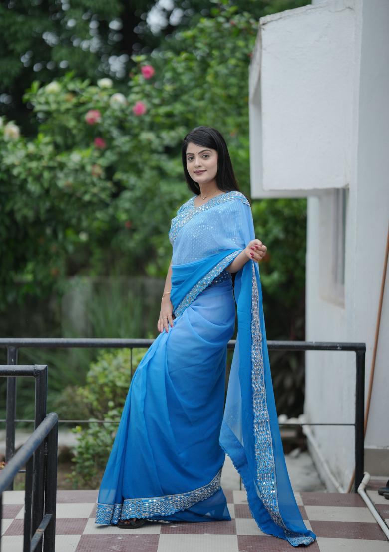 Blue Printed Georgette Saree Set - Indya