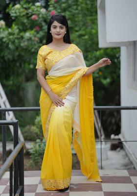 Yellow Printed Georgette Saree Set