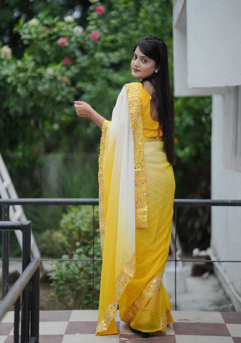 Yellow Printed Georgette Saree Set - Indya