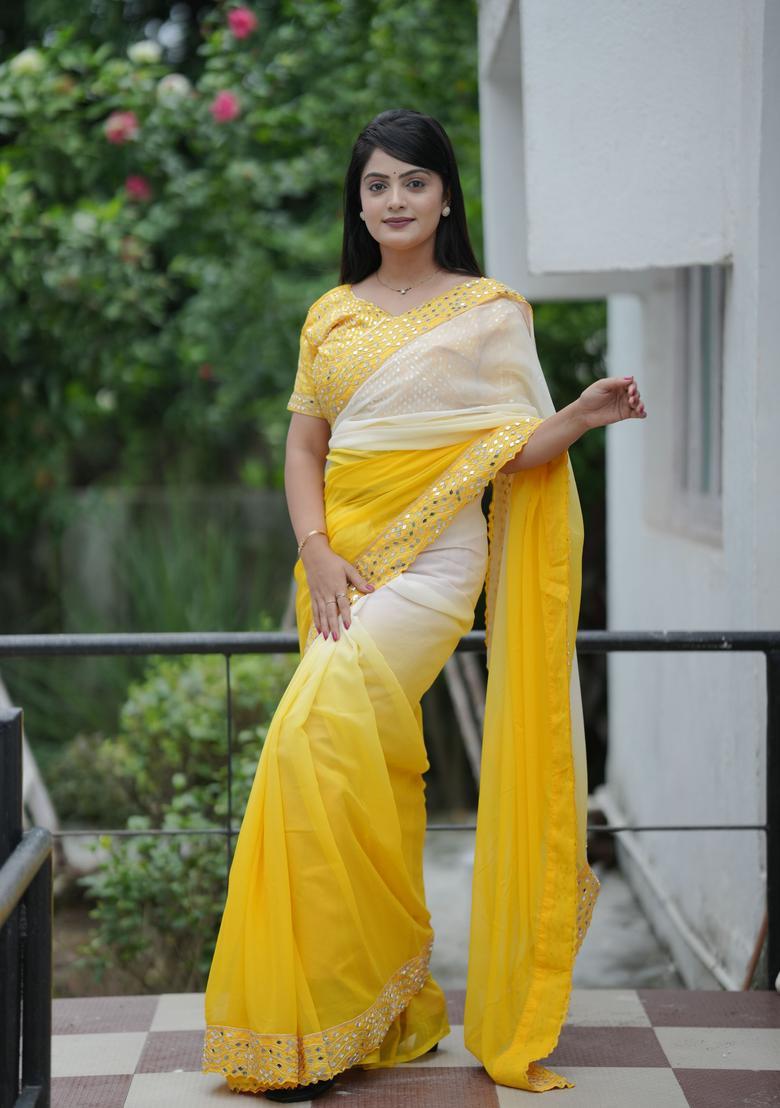 Yellow Printed Georgette Saree Set - Indya