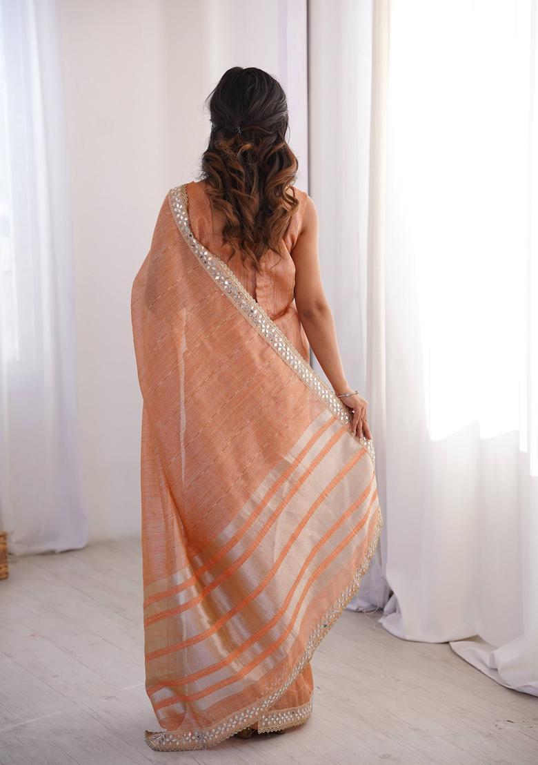 Peach Embroidery Cotton Saree Set - Indya