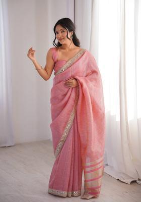 Pink Embroidery Cotton Saree Set