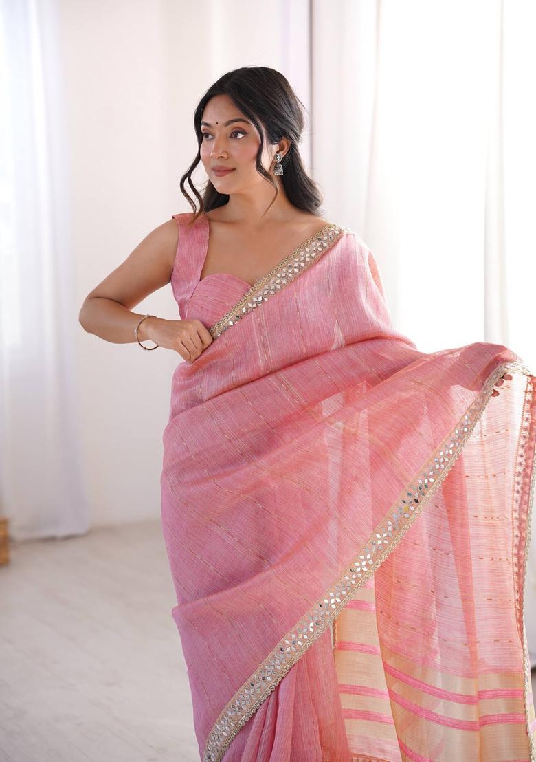 Pink Embroidery Cotton Saree Set - Indya