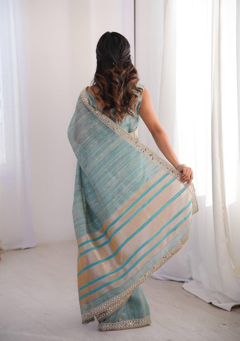 Sky Blue Embroidery Cotton Saree Set - Indya