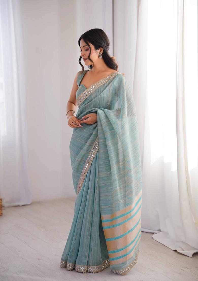 Sky Blue Embroidery Cotton Saree Set - Indya