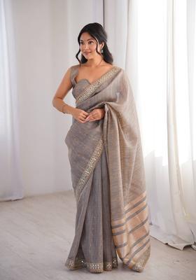 Grey Embroidery Cotton Saree Set