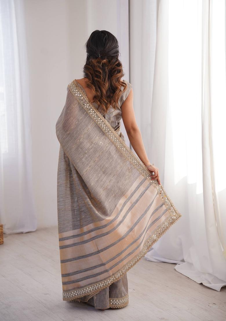 Grey Embroidery Cotton Saree Set - Indya