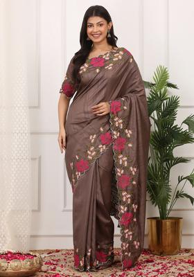 Brown Embroidery Silk Saree Set