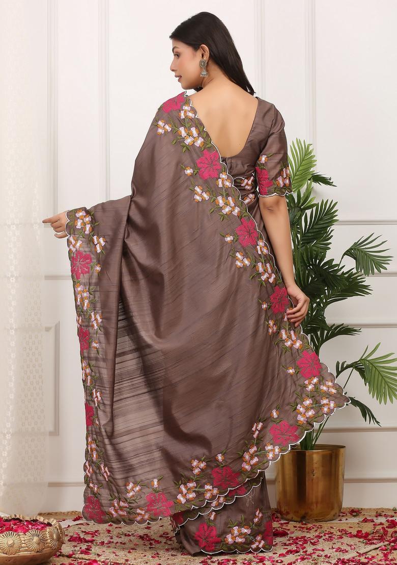 Brown Embroidery Silk Saree Set - Indya