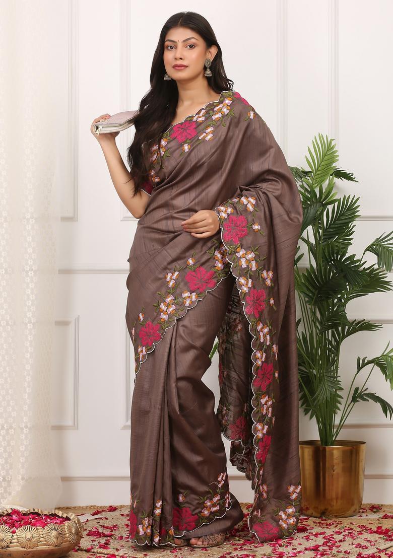 Brown Embroidery Silk Saree Set - Indya