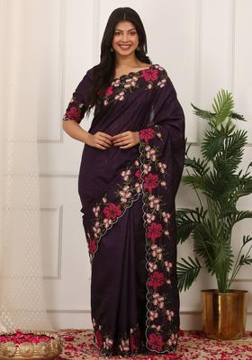 Purple Embroidery Silk Saree Set