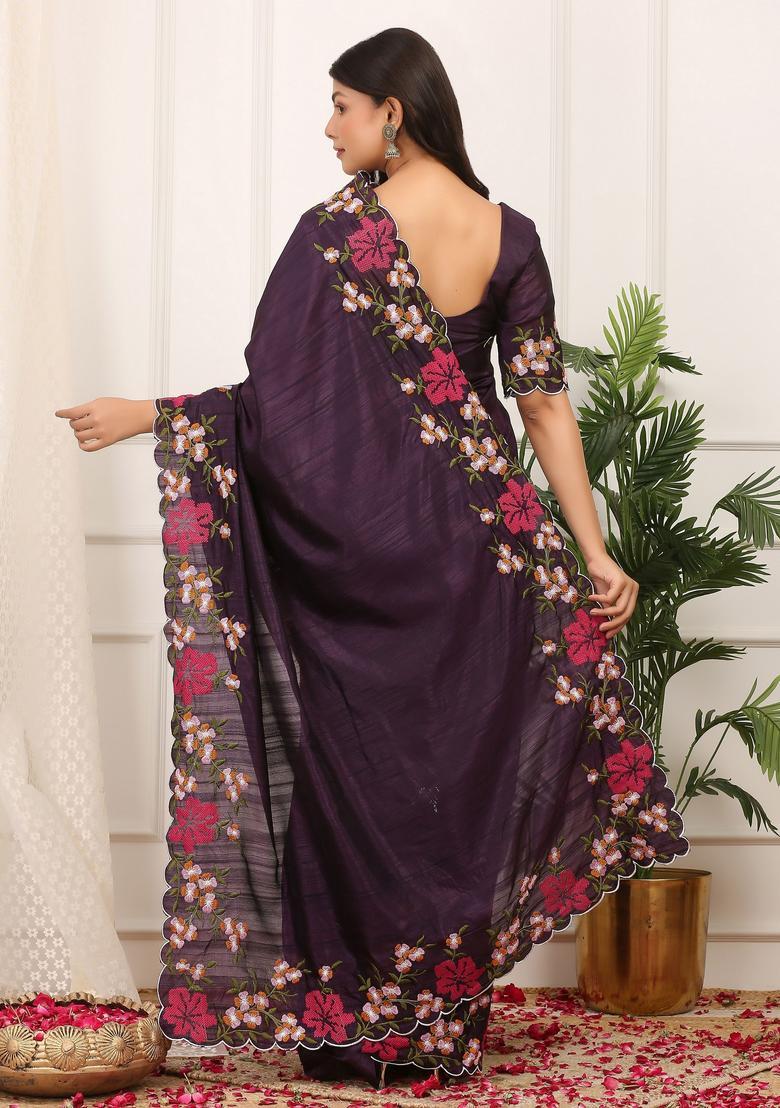 Purple Embroidery Silk Saree Set - Indya