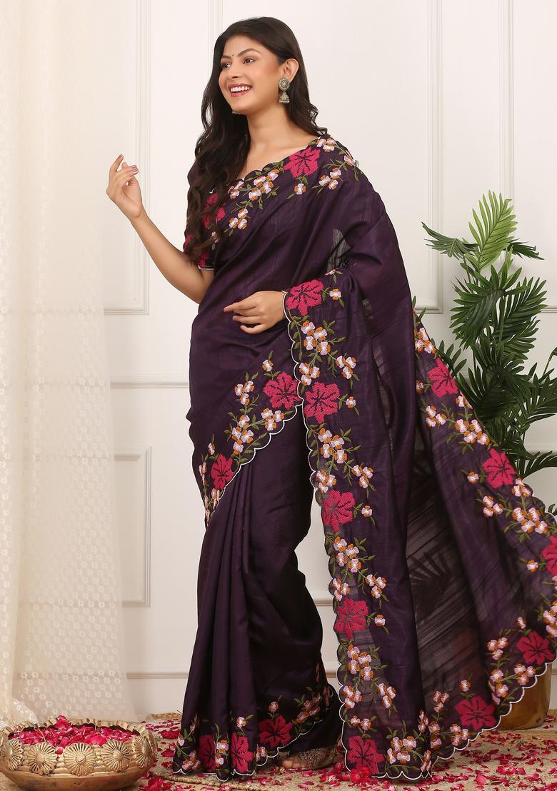 Purple Embroidery Silk Saree Set - Indya
