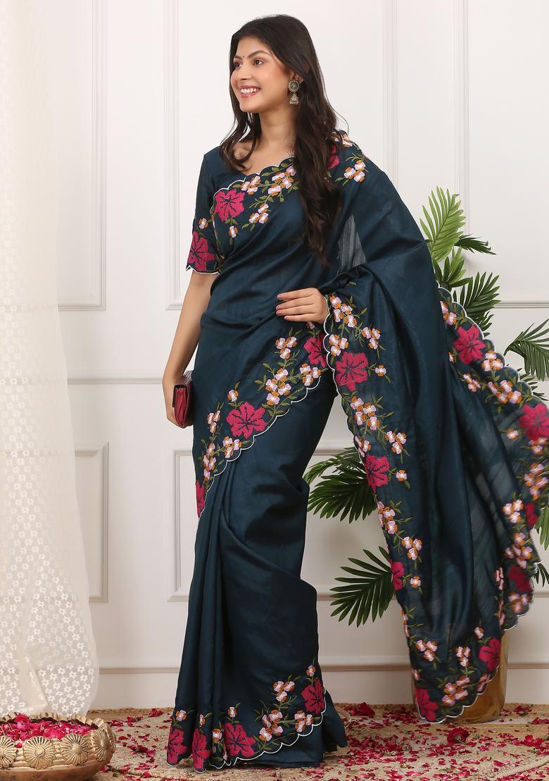 Blue Embroidery Silk Saree Set - Indya