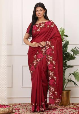 Red Embroidery Silk Saree Set